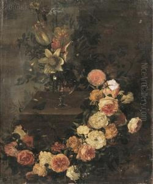 Floral Still Life With Vase And Garland Oil Painting by Gaspar-pieter The Younger Verbruggen