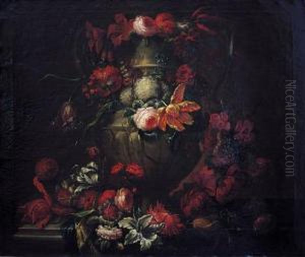 Grande Urna Decorata Da Rose, Narcisi, Tulipani, Campanule Azzurre Ed Altri Fiori Oil Painting by Gaspar-pieter The Younger Verbruggen