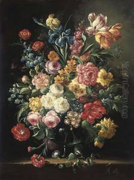 Parrot Tulips, Roses, Morning Glory And Other Flowers In A Glass Vase, On A Stone Ledge Oil Painting by Gaspar-pieter The Younger Verbruggen