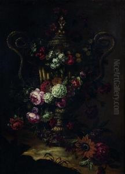 Bouquet De Fleurs Dans Un Vase En Bronze A Anses Oil Painting by Gaspar-pieter The Younger Verbruggen