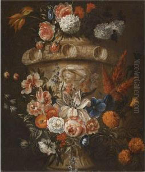 A Pair Of Still Lifes With Garlands Of Roses, Lilies, Tulips Andother Flowers Decorating Stone Rilievo Urns Oil Painting by Gaspar-pieter The Younger Verbruggen