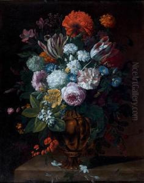 Bouquet De Fleurs Dans Un Vase De Bronze Sur Un Entablement Oil Painting by Gaspar-pieter The Younger Verbruggen