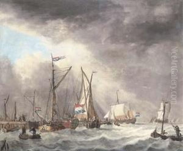 A Harbor Scene With Ships In Stormy Waters Oil Painting by Jan Verbruggen