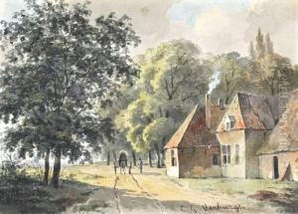 Paard En Wagen Op Landweg Bij Een Boerderij Oil Painting by Cornelis Gerrit Verburgh