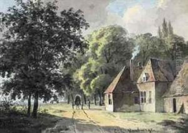 A Carriage And A Figure Near A Farmhouse Oil Painting by Cornelis Gerrit Verburgh