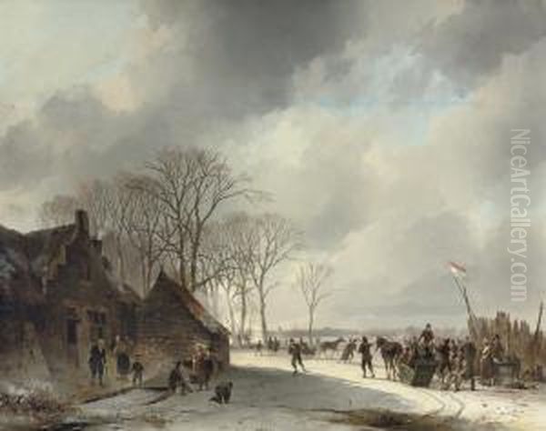 A Crowded Day On The Ice Oil Painting by Cornelis Gerrit Verburgh