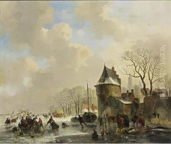 A Winter Landscape With Many Figures On The Ice Oil Painting by Cornelis Gerrit Verburgh