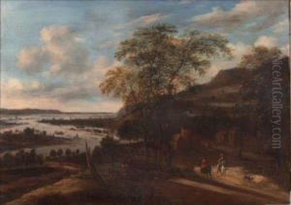 An Extensive Landscape Off The Coast With Figures On Horseback Oil Painting by Dionys Verburgh