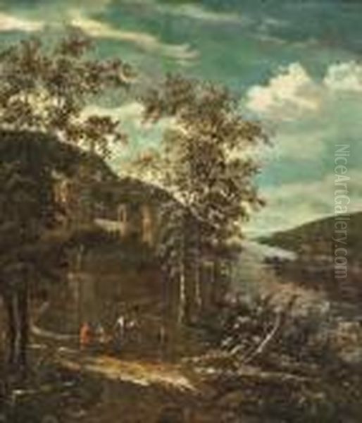 A Wooded River Landscape With Figures And A Horse At A Fountain, A Walled City Beyond Oil Painting by Dionys Verburgh