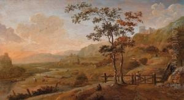 Weite Flusslandschaft Mit Hochgelegener Ruine Oil Painting by Dionys Verburgh