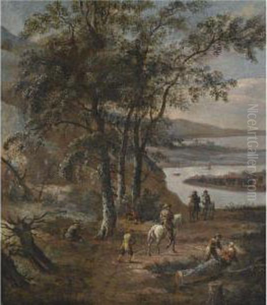 A Northern Wooded River Landscape With Travellers On A Path Oil Painting by Dionys Verburgh