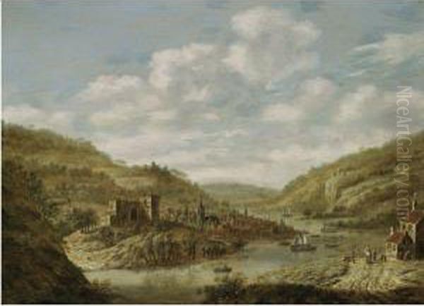 An Extensive River Landscape With A View Of A Town, Figures On Apath In The Foreground Oil Painting by Dionys Verburgh