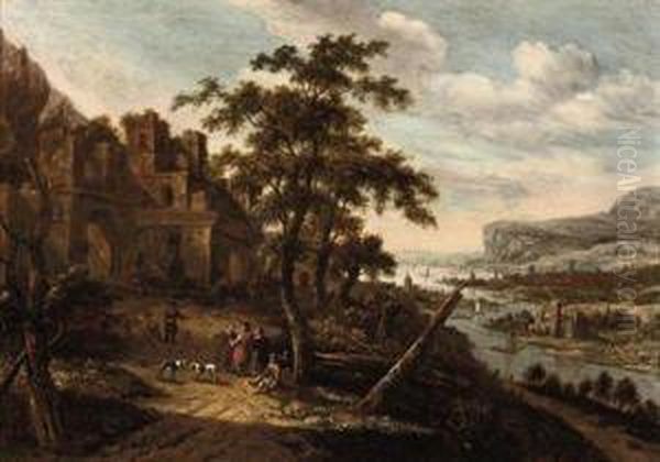 An Extensive Rhine Landscape With Figures Conversing Outside A Towngate Oil Painting by Dionys Verburgh