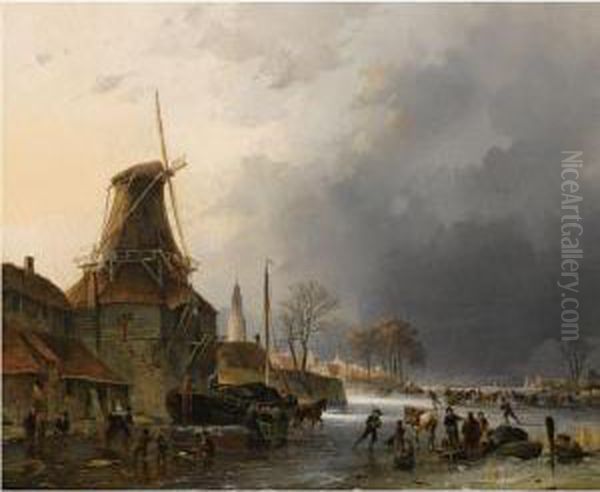 A Winter Landscape With Many Figures And Horse Sledges On The Ice By A Windmill Oil Painting by Gerardus Johannes Verburgh