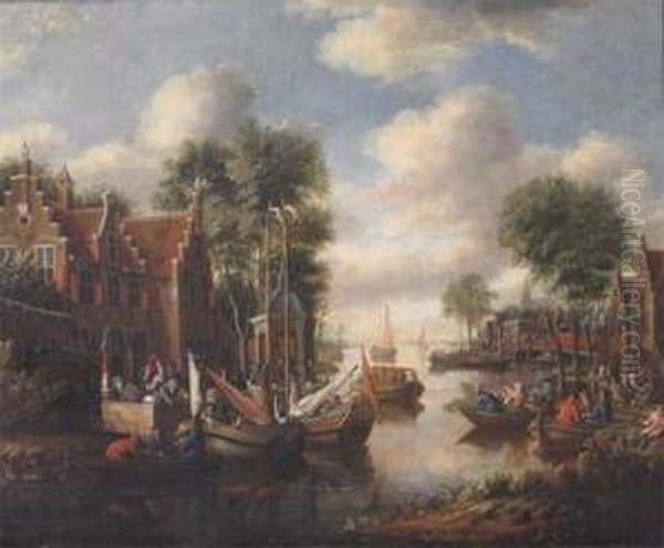 Dutch River Scene With A Pleasure Party Making Merry Oil Painting by Rutger Verburgh