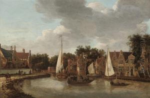 A View Of Amsterdam With Ferries Crossing A River Oil Painting by Rutger Verburgh