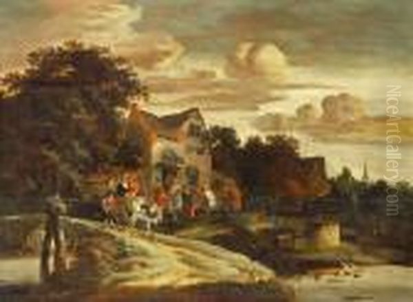 A Village Scene With Figures Carousing Outside An Inn Oil Painting by Rutger Verburgh