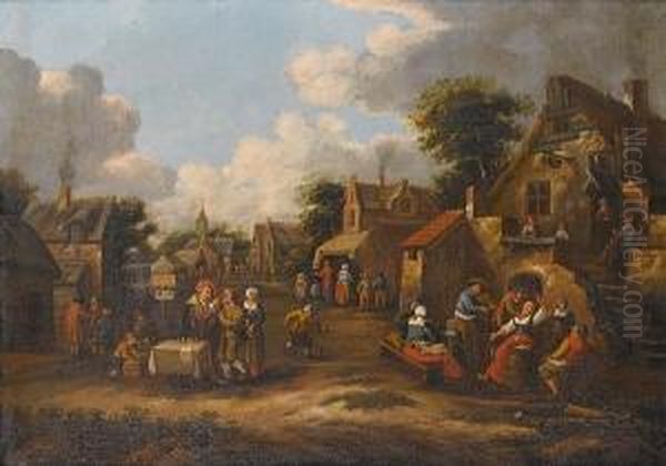 A Village Street With Peasants Merrymaking Before A Tavern And A Quack Doctor Administering To A Patient Oil Painting by Rutger Verburgh