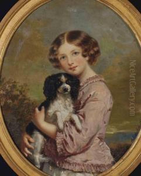 Portrait D'une Petite Fille Tenant Un Chien Oil Painting by Adine Verde Delisle