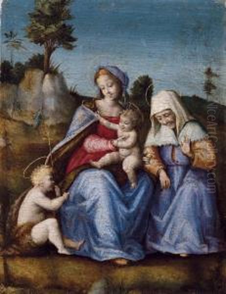 Madonna Col Bambino, San Giovannino E Santa Elisabetta Oil Painting by Francesco Ubertini Bacchiacca II