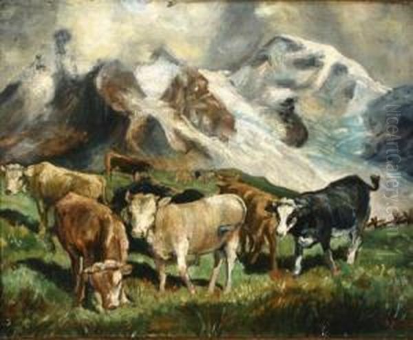 Cows Grazing In A Mountainous Landscape Oil Painting by Joseph-Rene Verdier