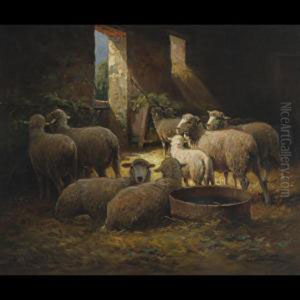 A French Sheep Cote Oil Painting by Jules Verdier