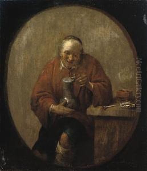 A Peasant Drinking And Smoking At A Table Oil Painting by Adriaen The Elder Verdoel