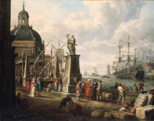 A Capriccio Of A Mediterranean Harbour With Merchants, An Elegantcouple On The Quayside, Before A Statue Of Hope And A Baroquechurch, A Lighthouse, A Dutch Man-o-war, And Other Shippingbeyond Oil Painting by Adriaen The Elder Verdoel