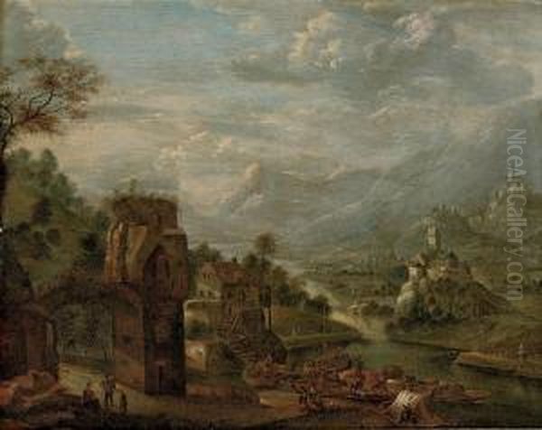 An Extensive River Landscape With Merchants Unloading Their Cargo On A Quay, Mountains Beyond Oil Painting by Cornelis Verdonck