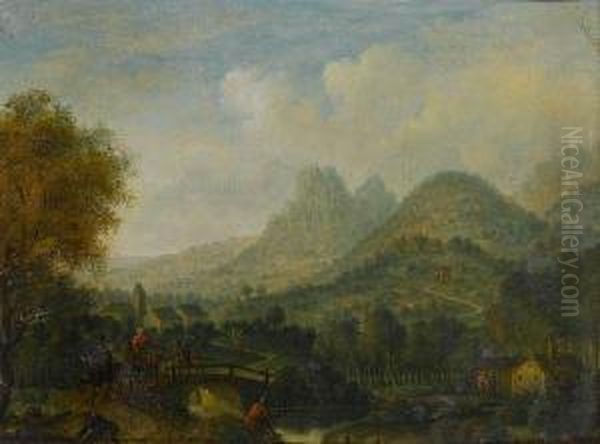 A Mountainous River Landscape With Horsemencrossing A Bridge; And A Mountainous Landscape With A Watermill Inthe Foreground Oil Painting by Cornelis Verdonck