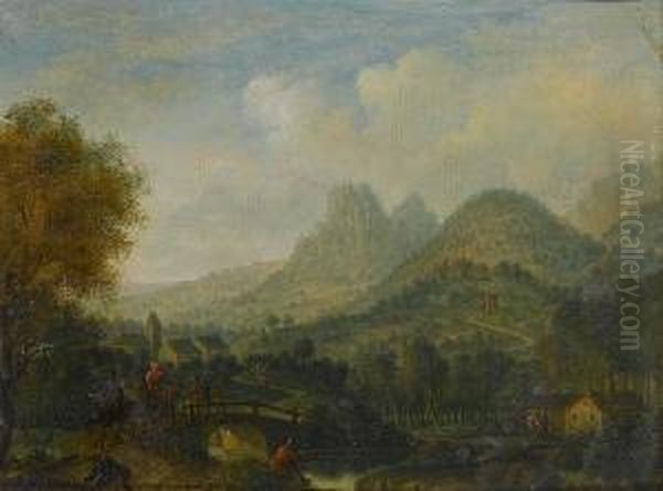 A Mountainous River Landscape With A Horsemen Crossing A Bridge; And A Mountainous Landscape With A Watermill In The Foreground Oil Painting by Cornelis Verdonck