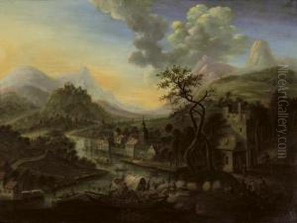 A Rhenish River Landscape With A Ferry And Other Boats, A Town Beyond Oil Painting by Cornelis Verdonck