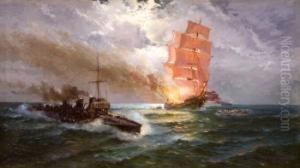 Marina Con Barcos De Guerra Oil Painting by Ricardo Verdugo Landi