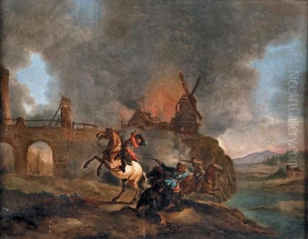 Choc De Cavalerie Devant Un Moulin Oil Painting by Jan Peeter Verdussen