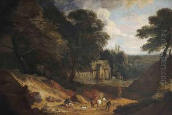 A Wooded Landscape With A Hawking Party On A Track Oil Painting by Jan Peeter Verdussen