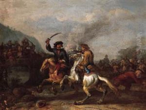 A Cavalry Skirmish By A Bridge Oil Painting by Peeter Verdussen