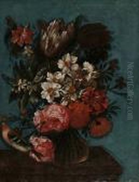 Narcissi, Roses, Tulips And Other Flowers In A Glass Vase On A Table Top With A Chaffinch Oil Painting by Cornelis Verelst