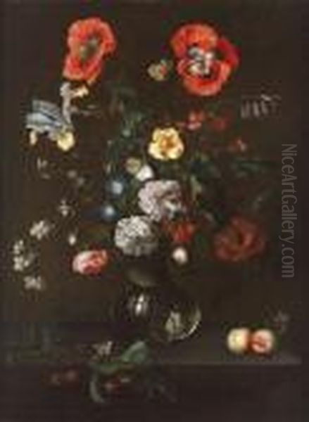 Bouquet De Fleurs Dans Un Verre Sur Un Entablement Oil Painting by Herman Verelst