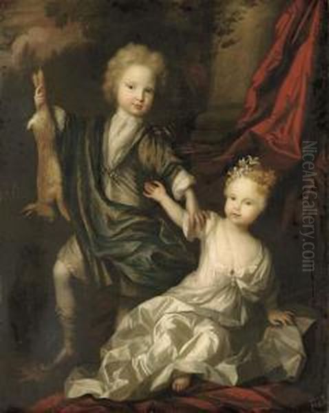 Double Portrait Of A Boy And A Girl Of The Lister Family, Full-length, The Boy Holding A Hare In His Right Hand, The Girl In A White Dress, With Flowers In Her Hair, Seated On A Cushion, A Red Curtain And Landscape Beyond Oil Painting by Herman Verelst