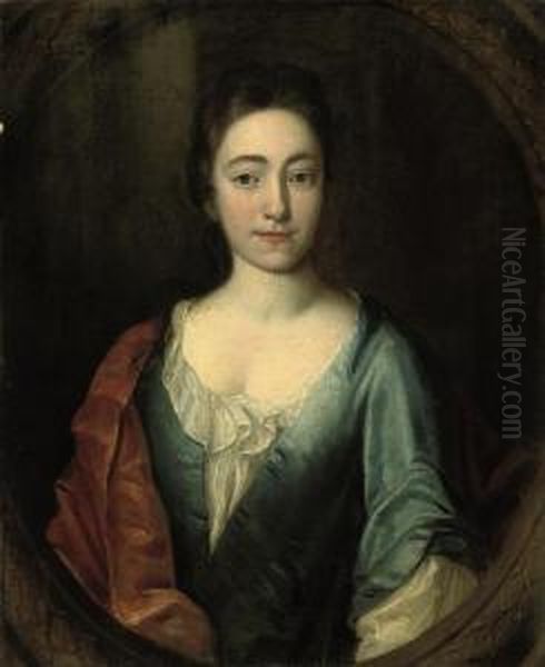 Portrait Of Elizabeth Saville (d. 1749), Half-length, In A Bluesilk Dress And Rust Wrap, In A Sculpted Cartouche Oil Painting by Johannes or Jan Verelst