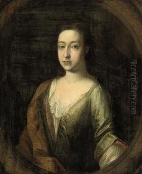 Portrait Of Margaret Frank, Lady Standish, Half-length, In A Greensilk Dress And Rust Wrap Oil Painting by Johannes or Jan Verelst