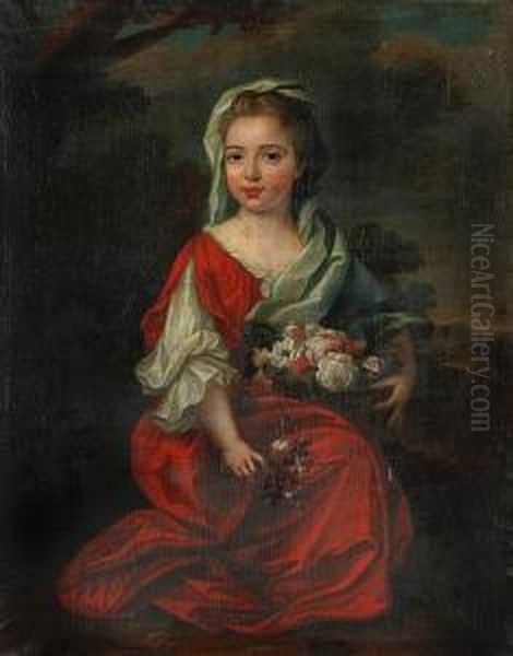 Portrait Of A Young Girl, Seated Before A Landscape, Wearing Red Dress And Holding Bowl Of Flowers Oil Painting by Johannes or Jan Verelst