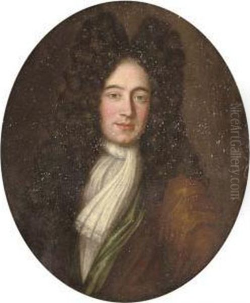 Portrait Of A Gentleman, Half-length, In A Brown And Green Robe, With A White Cravat Oil Painting by Johannes or Jan Verelst