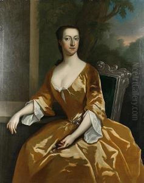 Portrait Of A Lady In A Yellow Dress Seated, With A Wooded Landscape Beyond Oil Painting by Maria Verelst