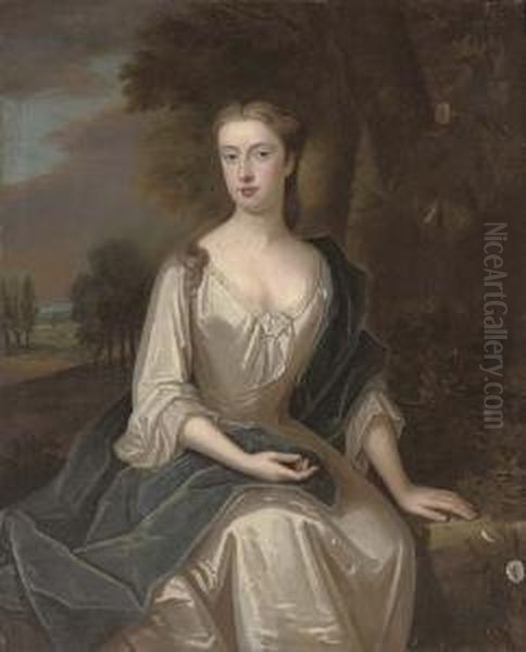 Portrait Of A Lady, Traditionally Identified As Mrs Chetham (1691-1749), Nee Mary Holt, Three-quarter-length, In An Oyster Satin Dress And Blue Wrap, Seated In A Landscape Oil Painting by Maria Verelst