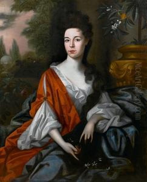 Portrait Of A Lady, Said To Be Miss Parkyns, Three-quarter-length, In A Red Dress With A Blue Wrap, Seated Beside An Urn With An Orange Tree, A Park Landscape Beyond Oil Painting by Maria Verelst