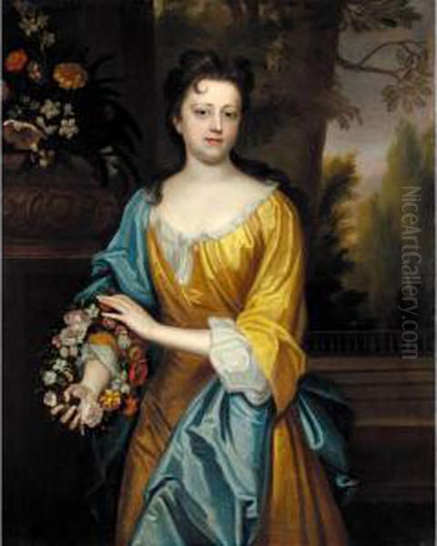 Portrait Of Miss Lowe, Probably Mrs Richard Marriott, Three-quarter Length, Standing, Wearing A Yellow And White Dress, Holding A Wreath Of Flowers, An Urn Of Her Flowers Beside Oil Painting by Maria Verelst