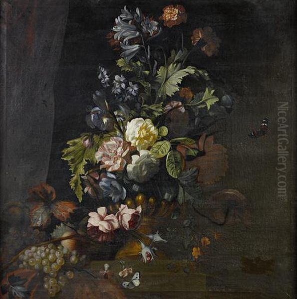 Roses, Lilies, Irises And Other Flowers In An Urn On A Table Ledge Oil Painting by Simon Pietersz. Verelst