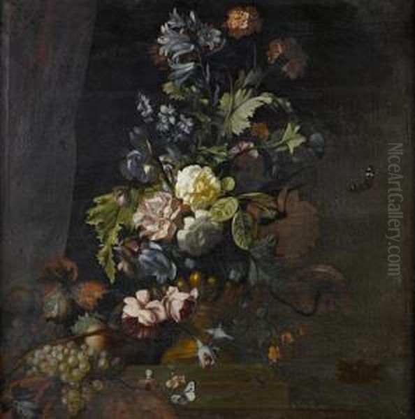 Roses, Lilies, Irises And Other Flowers In An Urn On A Table Ledge With Grapes And Butterflies Oil Painting by Simon Pietersz. Verelst