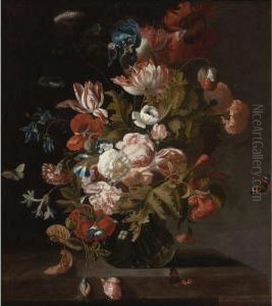 Tulips, Poppies, An Iris, Cow Parsley, Convolvuli And Other Flowersin A Glass, With Hovering Butterflies Oil Painting by Simon Pietersz. Verelst